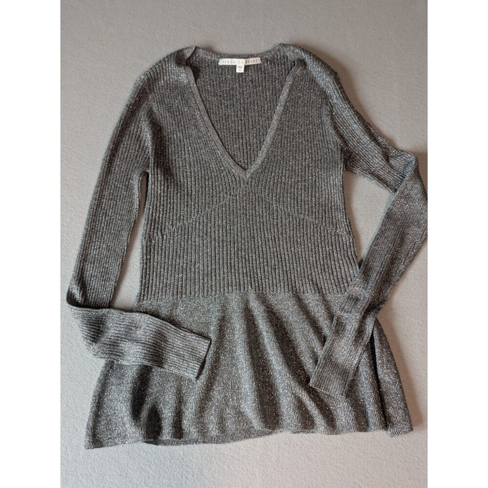 Veronica Beard Sweater Women's M Esmeralda V Neck Pullover Ribbed Metallic - Picture 4 of 10